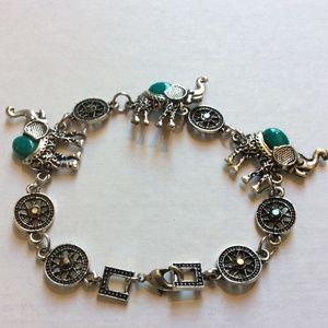 Vintage Elephant Rhinestone Faux Turquoise Link Bracelet 8”